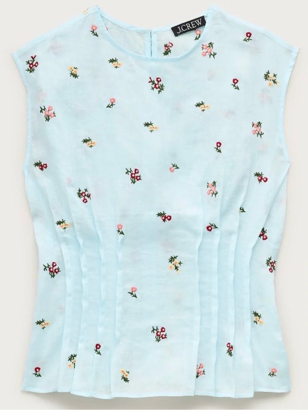 J. CREW Linen Pintuck Shell Top in Ramie with Embroidered Florals - Midday Skies